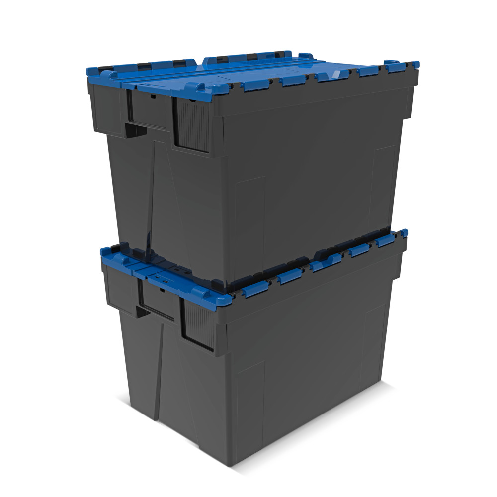 Número de imagen del producto 7: Contenedor apilable multiuso de regranulado de PP con tapa abatible, negro / azul, 77 litros, 1 uds. / UV