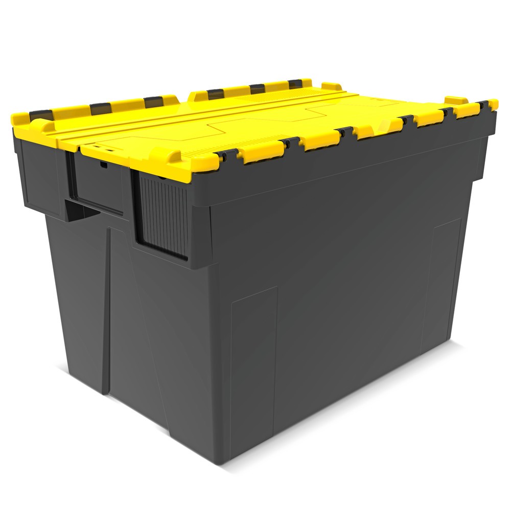Imagen del producto: Contenedor apilable multiuso de regranulado de PP con tapa abatible, negro / amarillo, 77 litros, 1 uds. / UV