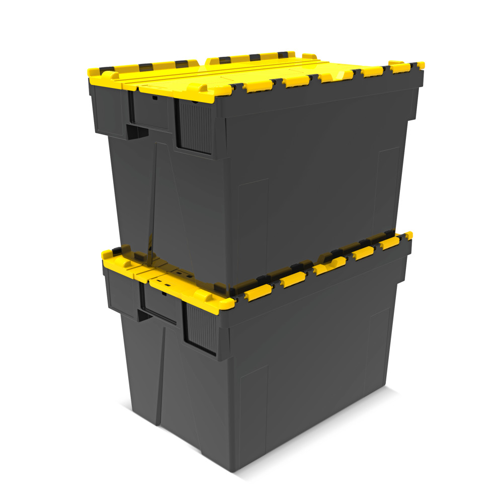 Número de imagen del producto 7: Contenedor apilable multiuso de regranulado de PP con tapa abatible, negro / amarillo, 77 litros, 1 uds. / UV