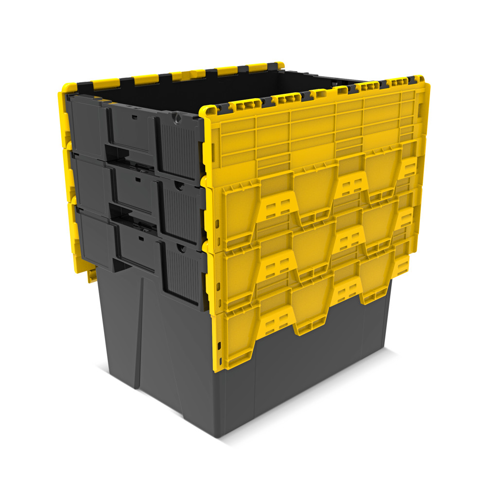 Número de imagen del producto 8: Contenedor apilable multiuso de regranulado de PP con tapa abatible, negro / amarillo, 77 litros, 1 uds. / UV