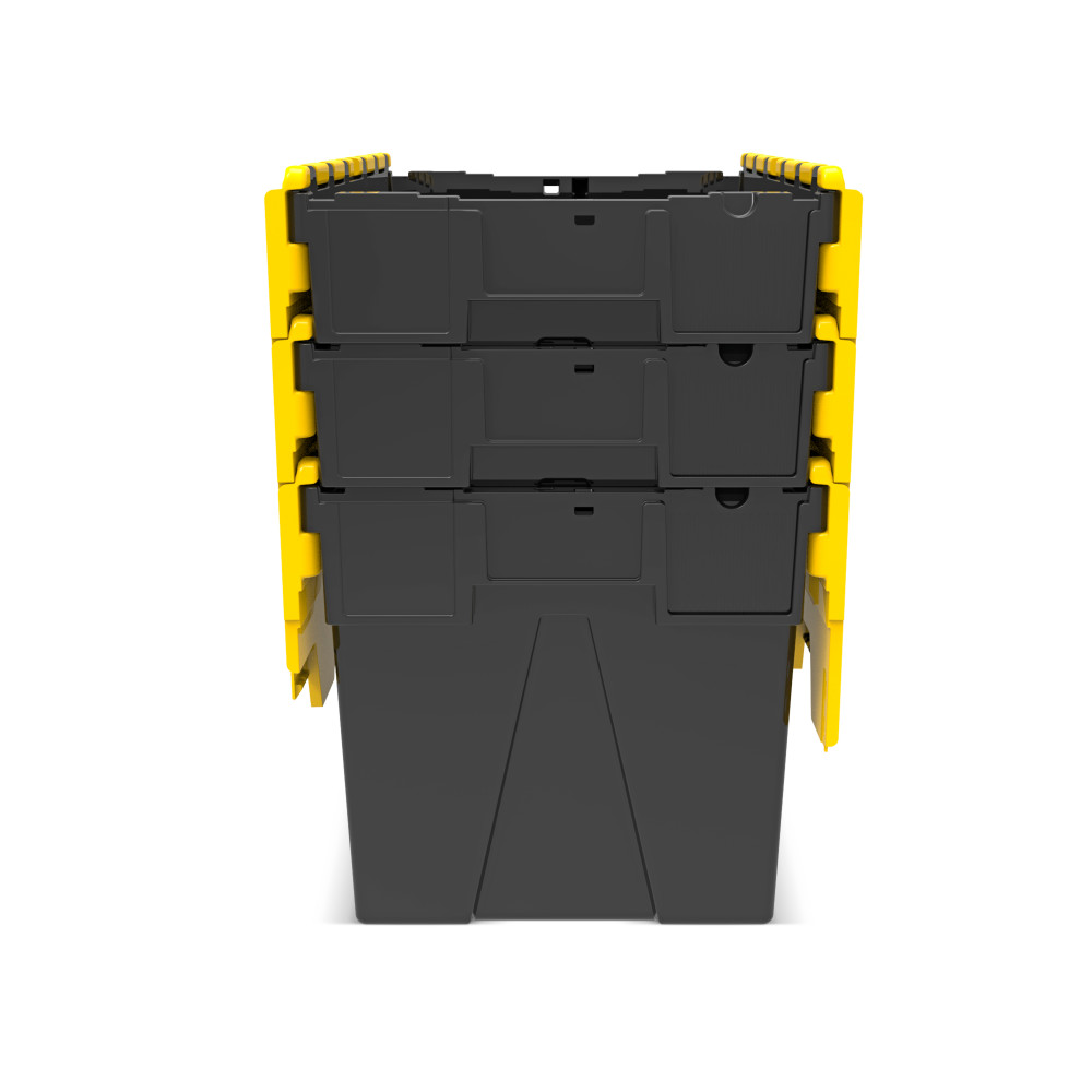 Número de imagen del producto 9: Contenedor apilable multiuso de regranulado de PP con tapa abatible, negro / amarillo, 77 litros, 1 uds. / UV