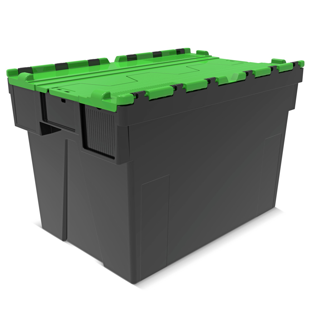Número de imagen del producto 1: Contenedor apilable multiuso de regranulado de PP con tapa abatible, negro / verde, 77 litros, 1 uds. / UV