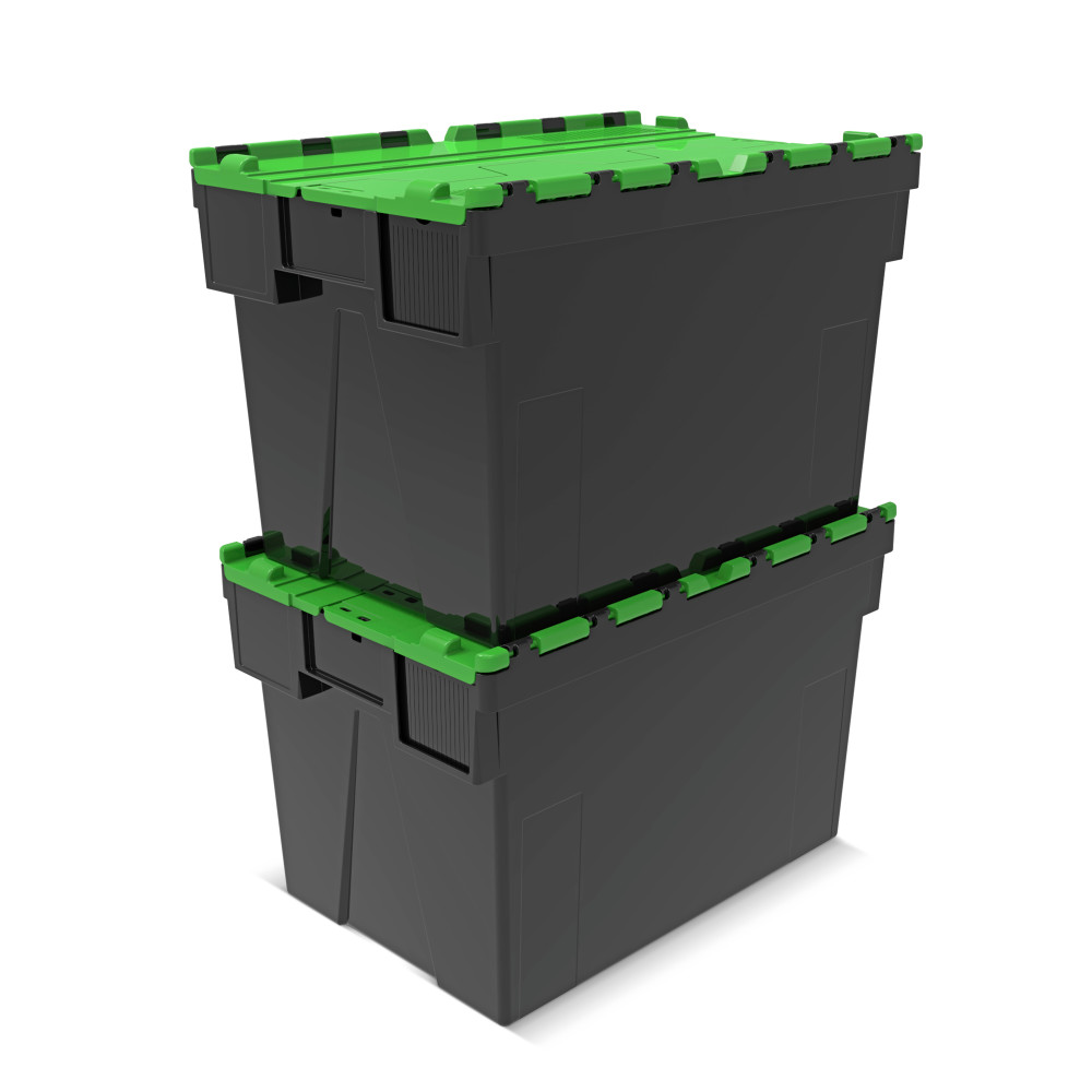 Número de imagen del producto 7: Contenedor apilable multiuso de regranulado de PP con tapa abatible, negro / verde, 77 litros, 1 uds. / UV
