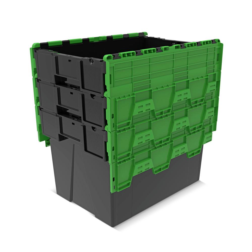 Número de imagen del producto 8: Contenedor apilable multiuso de regranulado de PP con tapa abatible, negro / verde, 77 litros, 1 uds. / UV