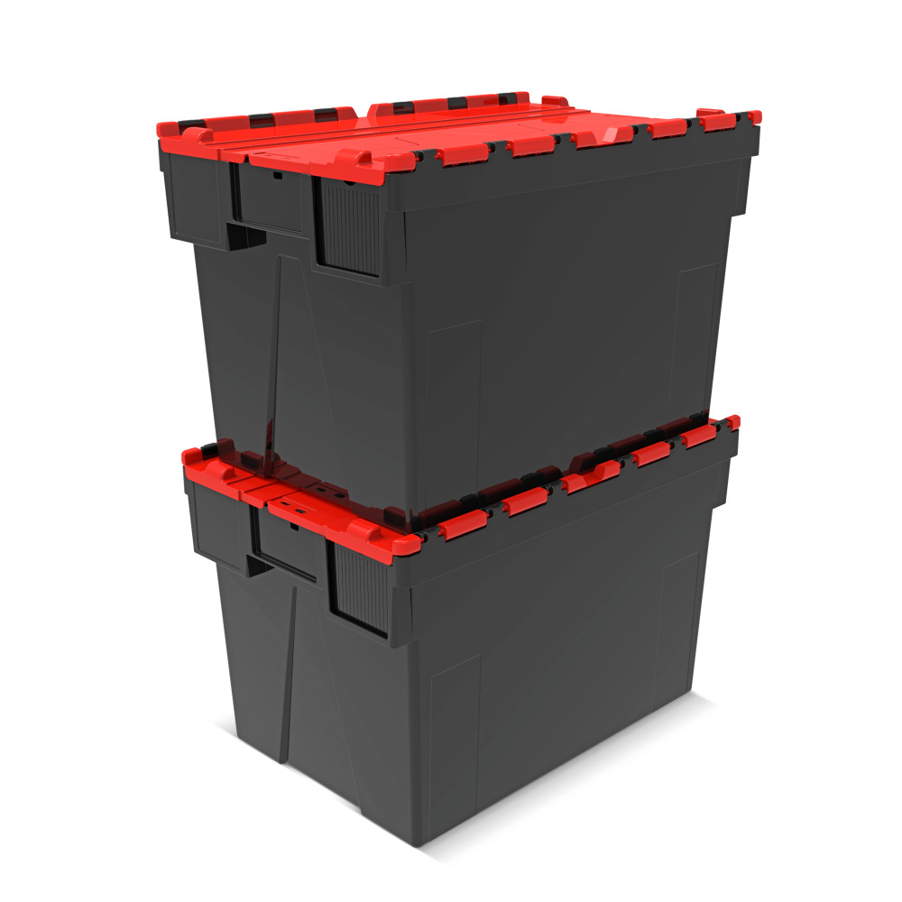 Número de imagen del producto 7: Contenedor apilable multiuso de regranulado de PP con tapa abatible, negro / rojo, 77 litros, 1 uds. / UV