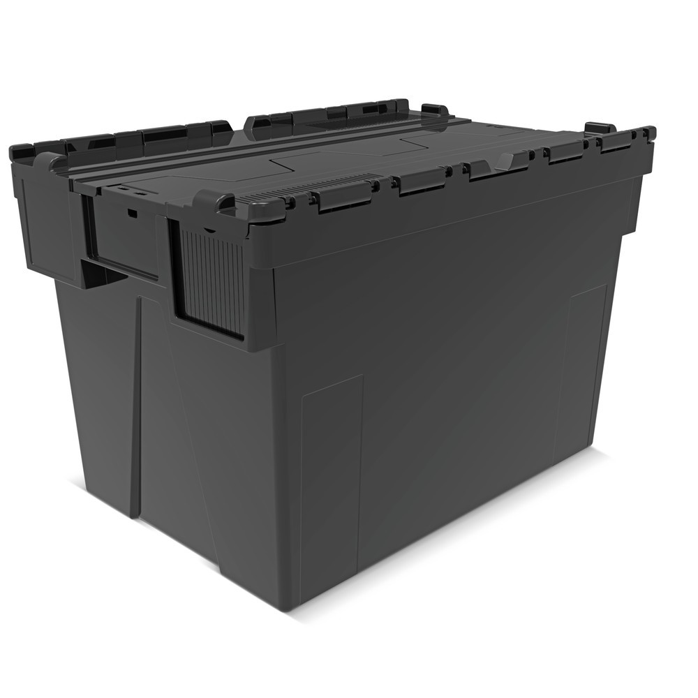 Número de imagen del producto 1: Contenedor apilable multiuso de regranulado de PP con tapa abatible, negro, 77 litros, 1 uds. / UV