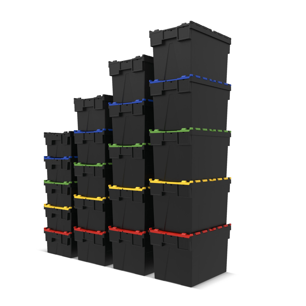 Número de imagen del producto 6: Contenedor apilable multiuso de regranulado de PP con tapa abatible, negro / azul, 56 litros, 1 uds. / UV