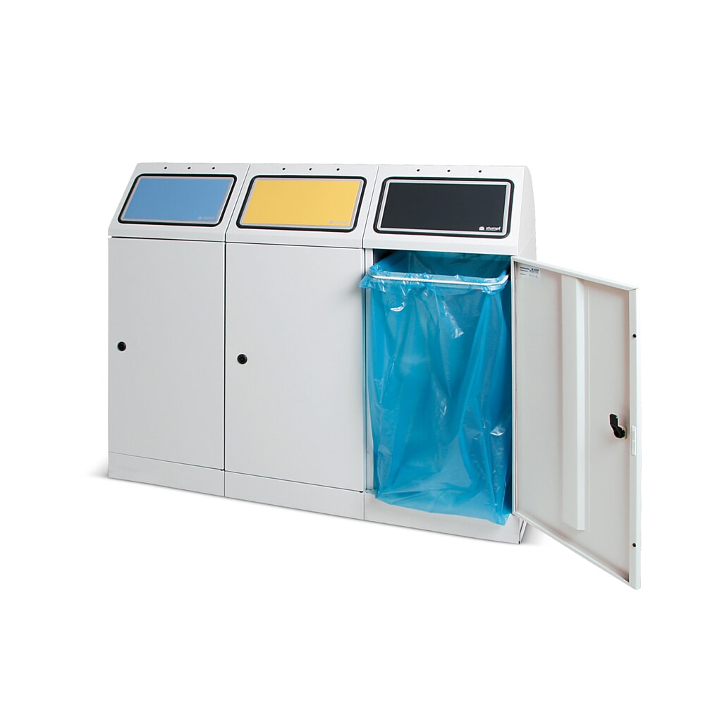 Contenedor de reciclaje Stumpf®, 3x 70 litros, con puerta de una hoja y soporte para sacos de basura Imagen del producto: Contenedor de reciclaje Stumpf®, 3x 70 litros, con puerta de una hoja y soporte para sacos de basura