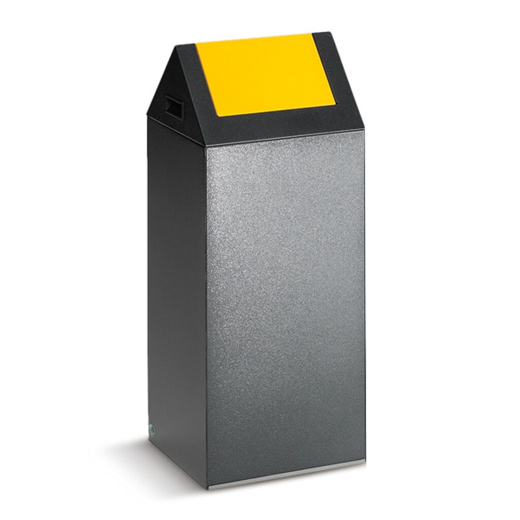Imagen del producto: Contenedor de reciclaje VAR®, 60 litros, autoextinguible, estructura de color plata vieja, tapa redonda/amarillo