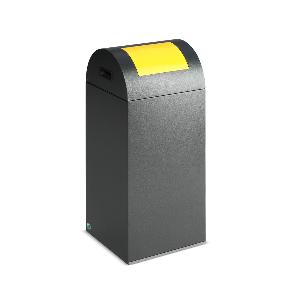 Contenedor de reciclaje VAR®, 60 litros, autoextinguible, estructura de color plata vieja, tapa redonda/amarillo Imagen del producto: Contenedor de reciclaje VAR®, 60 litros, autoextinguible, estructura de color plata vieja, tapa redonda/amarillo