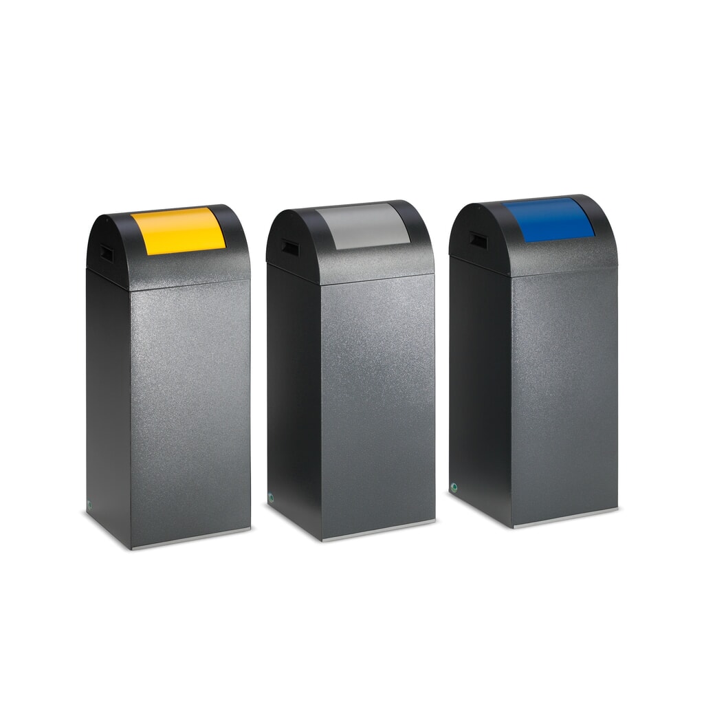 Contenedor de reciclaje VAR®, 60 litros, autoextinguible, estructura de color plata vieja, tapa redonda/plata Número de imagen del producto 1: Contenedor de reciclaje VAR®, 60 litros, autoextinguible, estructura de color plata vieja, tapa redonda/plata