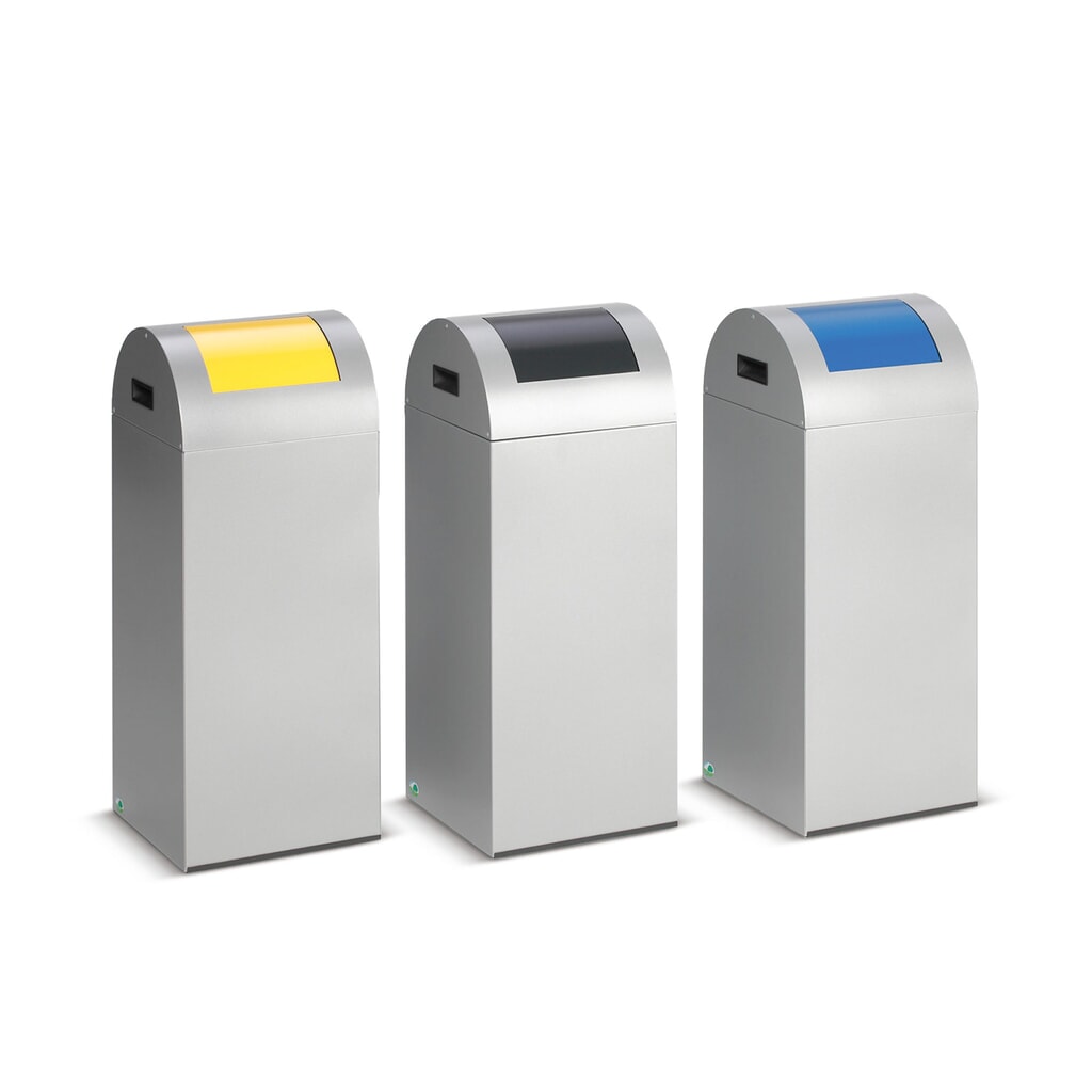 Contenedor de reciclaje VAR®, 60 litros, autoextinguible, estructura de color plata, tapa redonda/azul Imagen del producto: Contenedor de reciclaje VAR®, 60 litros, autoextinguible, estructura de color plata, tapa redonda/azul