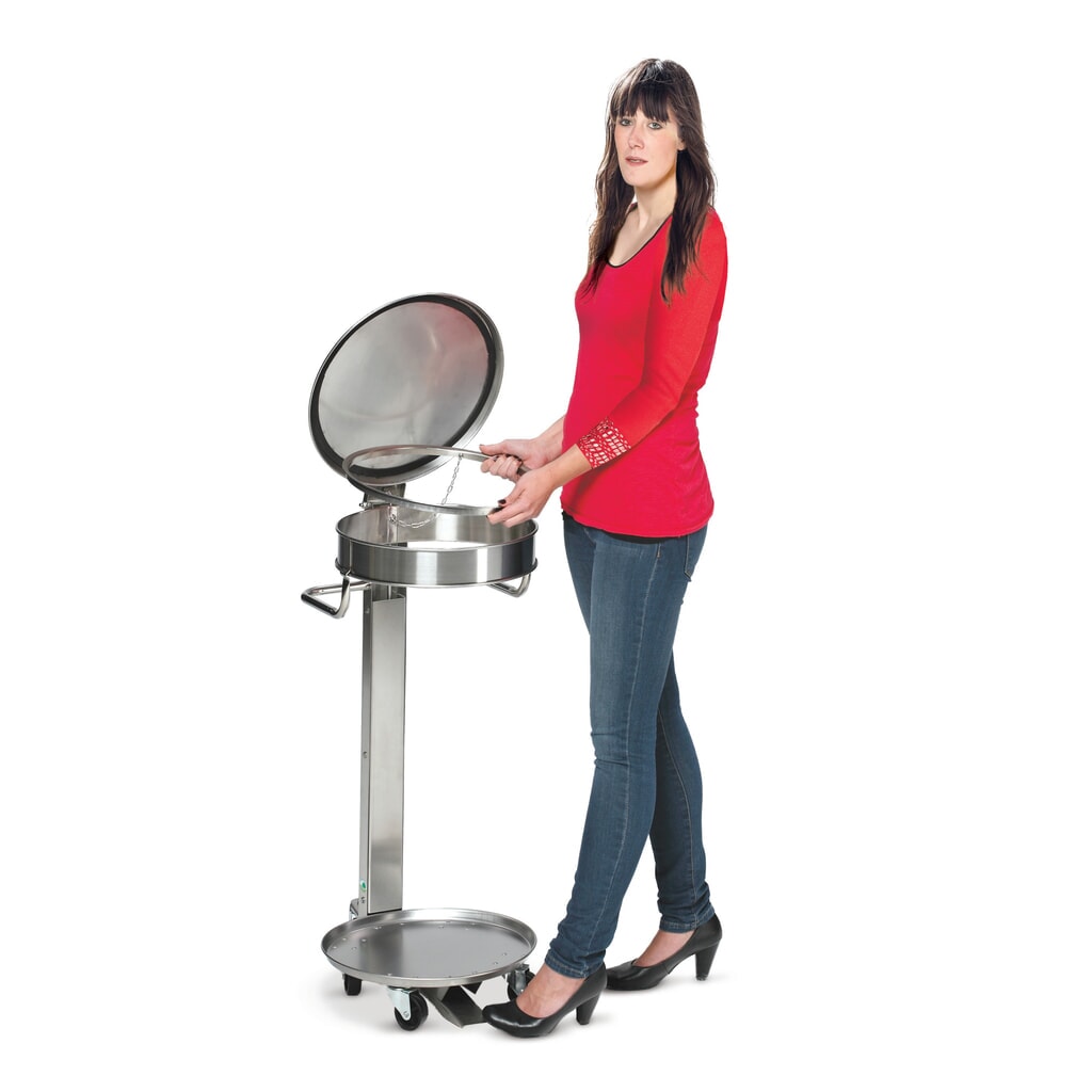 Imagen del producto: Contenedor de residuos con pedal, de acero inoxidable, 120 litros, 5 ruedas direccionales