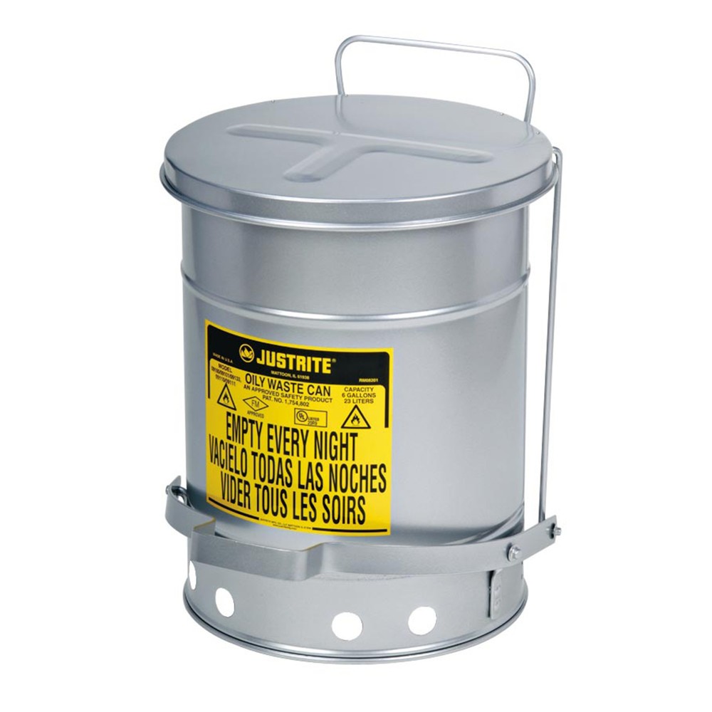 Número de imagen del producto 1: Justrite Workbench Collection Container SoundGuard™, pedal de pie, plateado, 20 litros