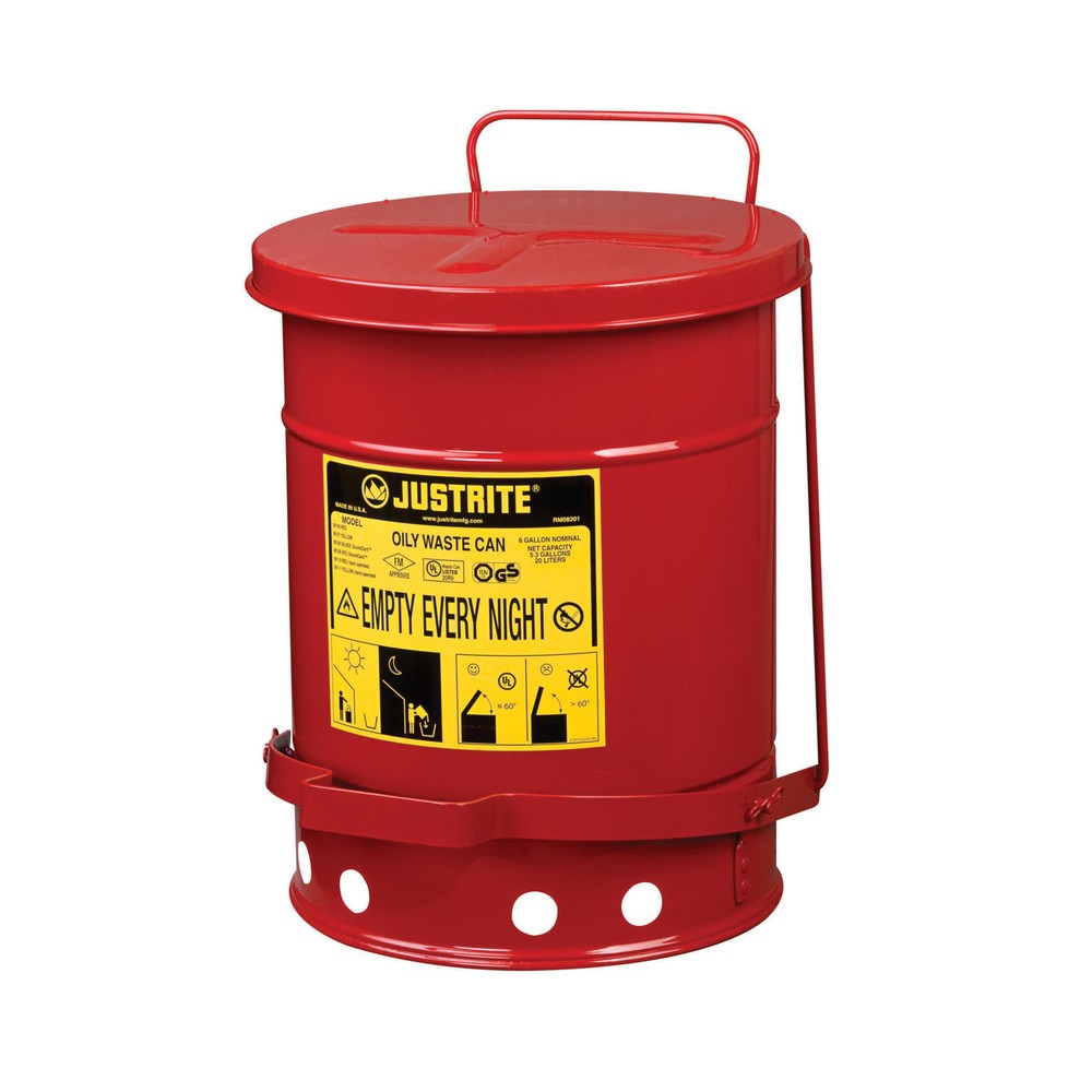 Número de imagen del producto 1: Justrite Workbench Collection Contenedor SoundGuard™, pedal de pie, rojo, 20 litros