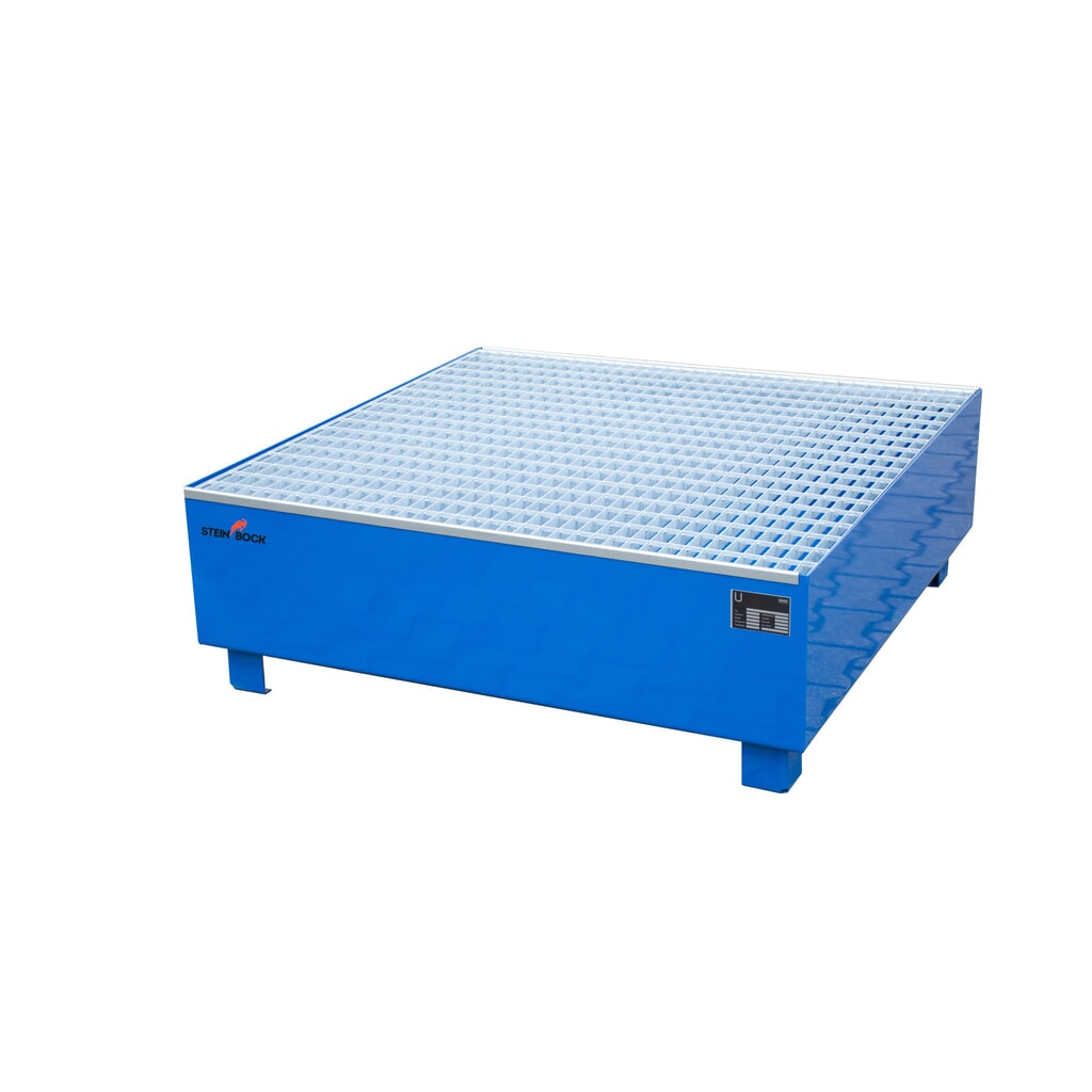 Steinbock® cubeta de retención, 4 x 200 l, H xAxF 410 x 1.200 x 1.200 mm, incl. rejilla galvanizada, azul Imagen del producto: Steinbock® cubeta de retención, 4 x 200 l, H xAxF 410 x 1.200 x 1.200 mm, incl. rejilla galvanizada, azul