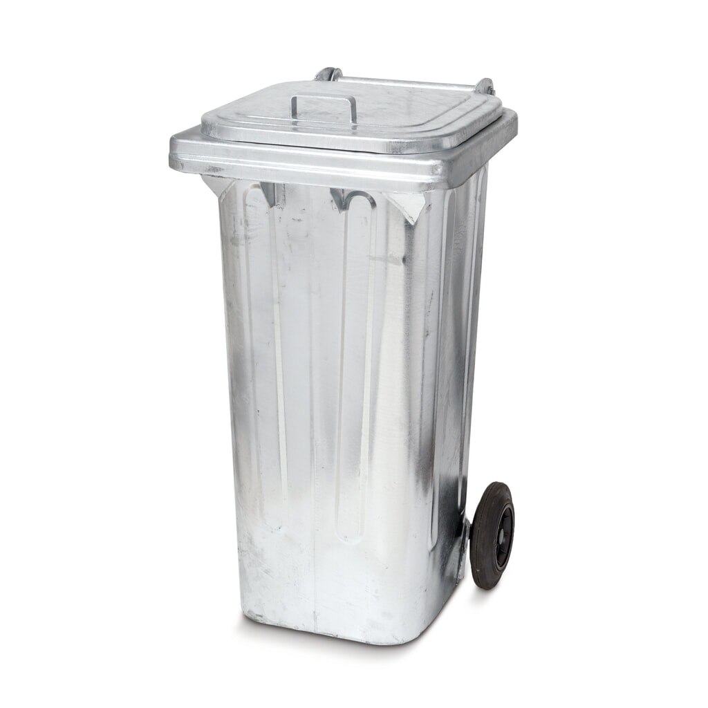 Cubo de basura de acero galvanizado, 120 litros, con ruedas Imagen del producto: Cubo de basura de acero galvanizado, 120 litros, con ruedas