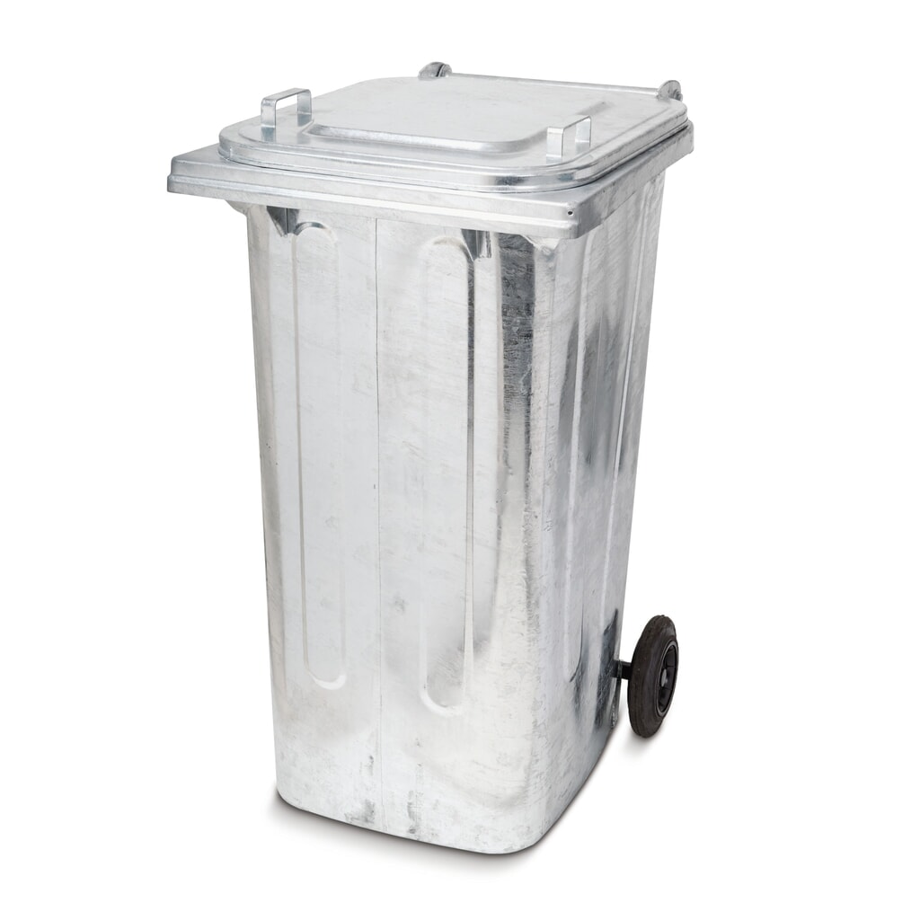 Cubo de basura de acero galvanizado, 240 litros, con ruedas Imagen del producto: Cubo de basura de acero galvanizado, 240 litros, con ruedas
