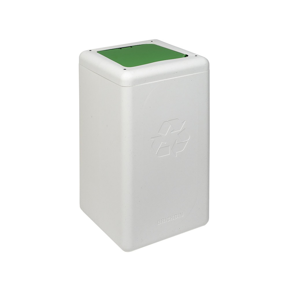 Imagen del producto: Cubo de residuos BRICKBIN con tapa abatible de plástico reciclado, 65 litros, cuadrado, blanco/verde