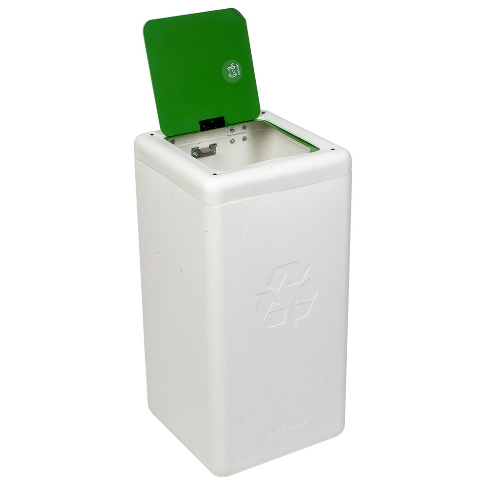 Número de imagen del producto 3: Cubo de residuos BRICKBIN con tapa abatible de plástico reciclado, 65 litros, cuadrado, blanco/verde