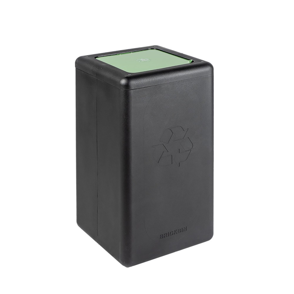 Imagen del producto: Cubo de residuos BRICKBIN con tapa abatible de plástico reciclado, 65 litros, cuadrado, negro/verde