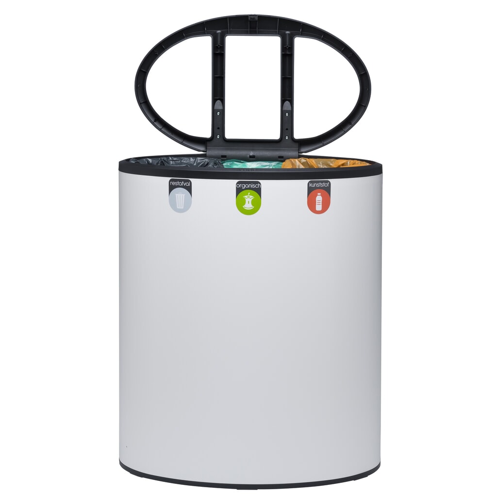 Cubo de residuos de diseño LUNE Binc, blanco, negro, con tapa abierta Número de imagen del producto 5: Cubo de residuos de diseño LUNE Binc, blanco, negro, con tapa abierta