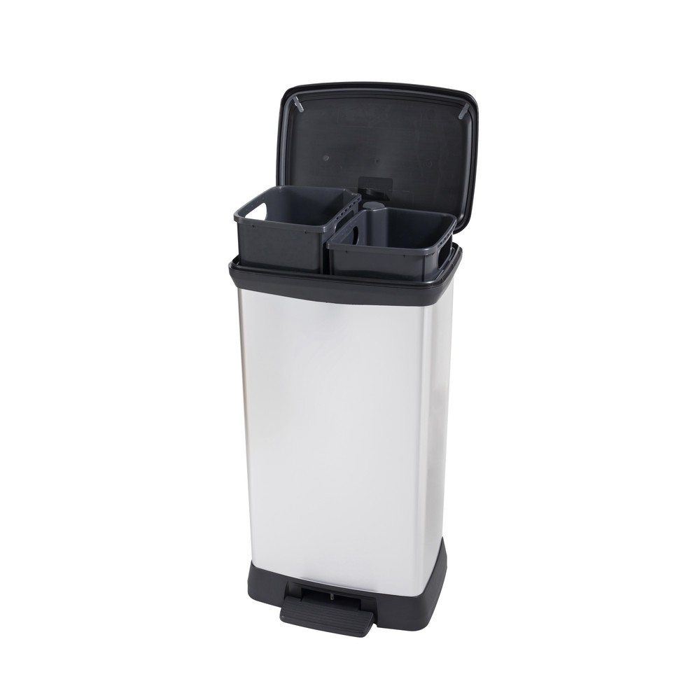 Número de imagen del producto 3: Cubo de residuos DECOBIN doble con pedal, rectangular, 2 x 23 litros, plata/negro