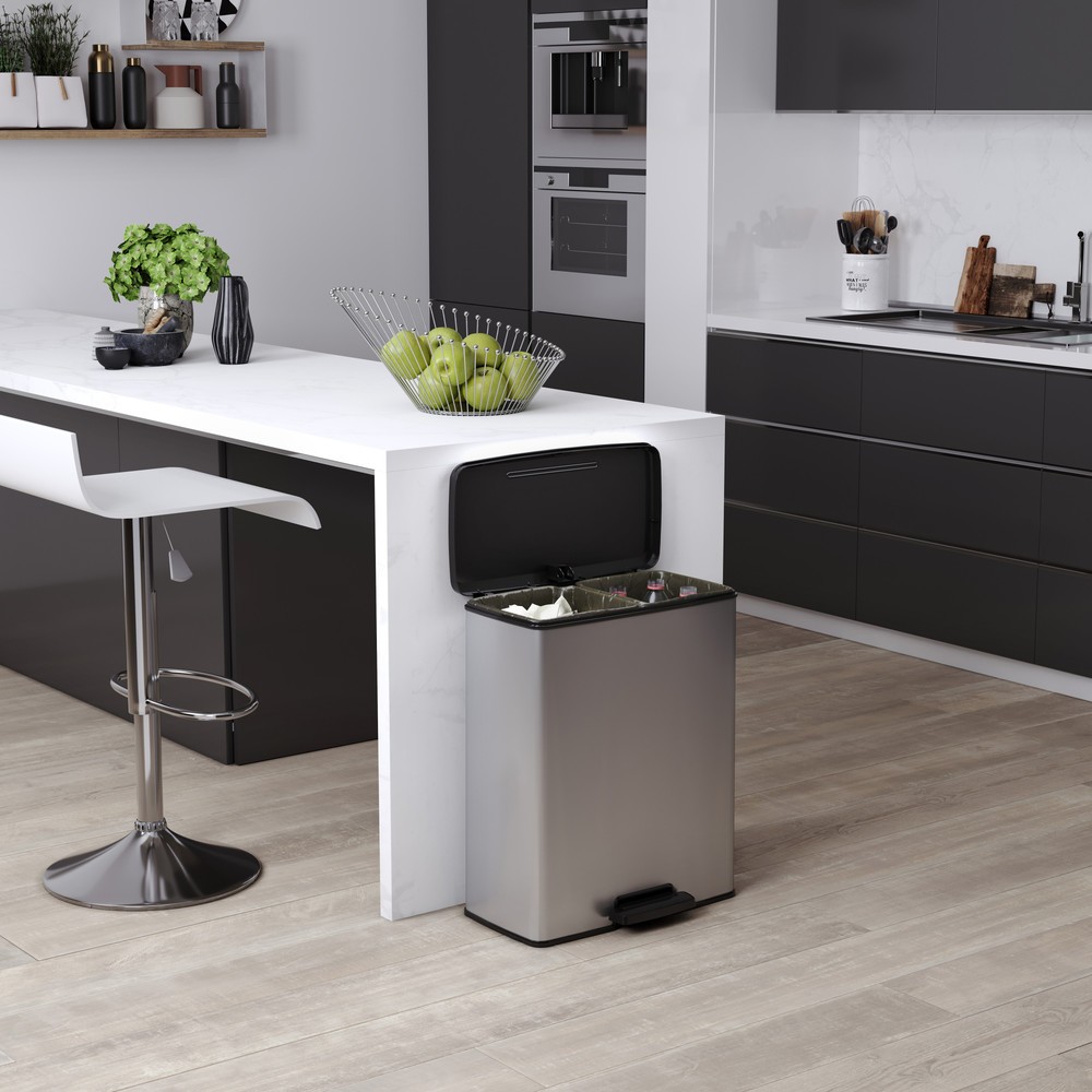 Número de imagen del producto 8: Cubo de residuos DECOBIN doble con pedal, rectangular, 2 x 26 litros, plata/negro