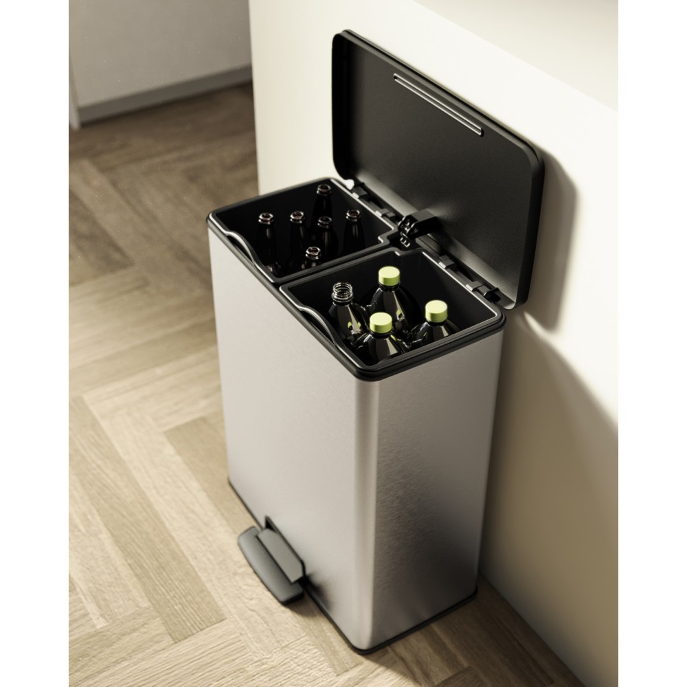Número de imagen del producto 9: Cubo de residuos DECOBIN doble con pedal, rectangular, 2 x 26 litros, plata/negro