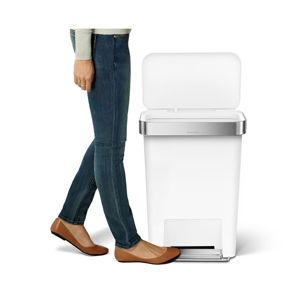 Número de imagen del producto 2: Cubo de residuos SIMPLEHUMAN con pedal rectangular de plástico, 45 litros, con dispensador de bolsas, blanco