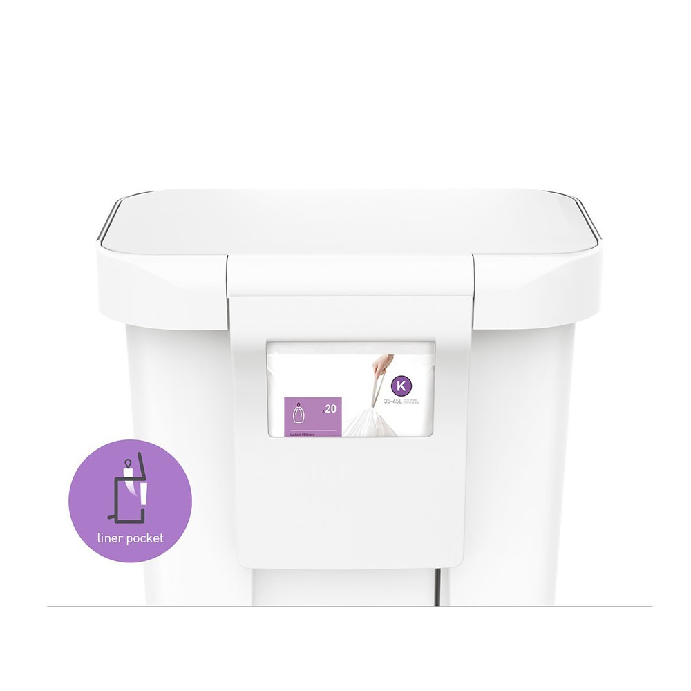 Número de imagen del producto 3: Cubo de residuos SIMPLEHUMAN con pedal rectangular de plástico, 45 litros, con dispensador de bolsas, blanco