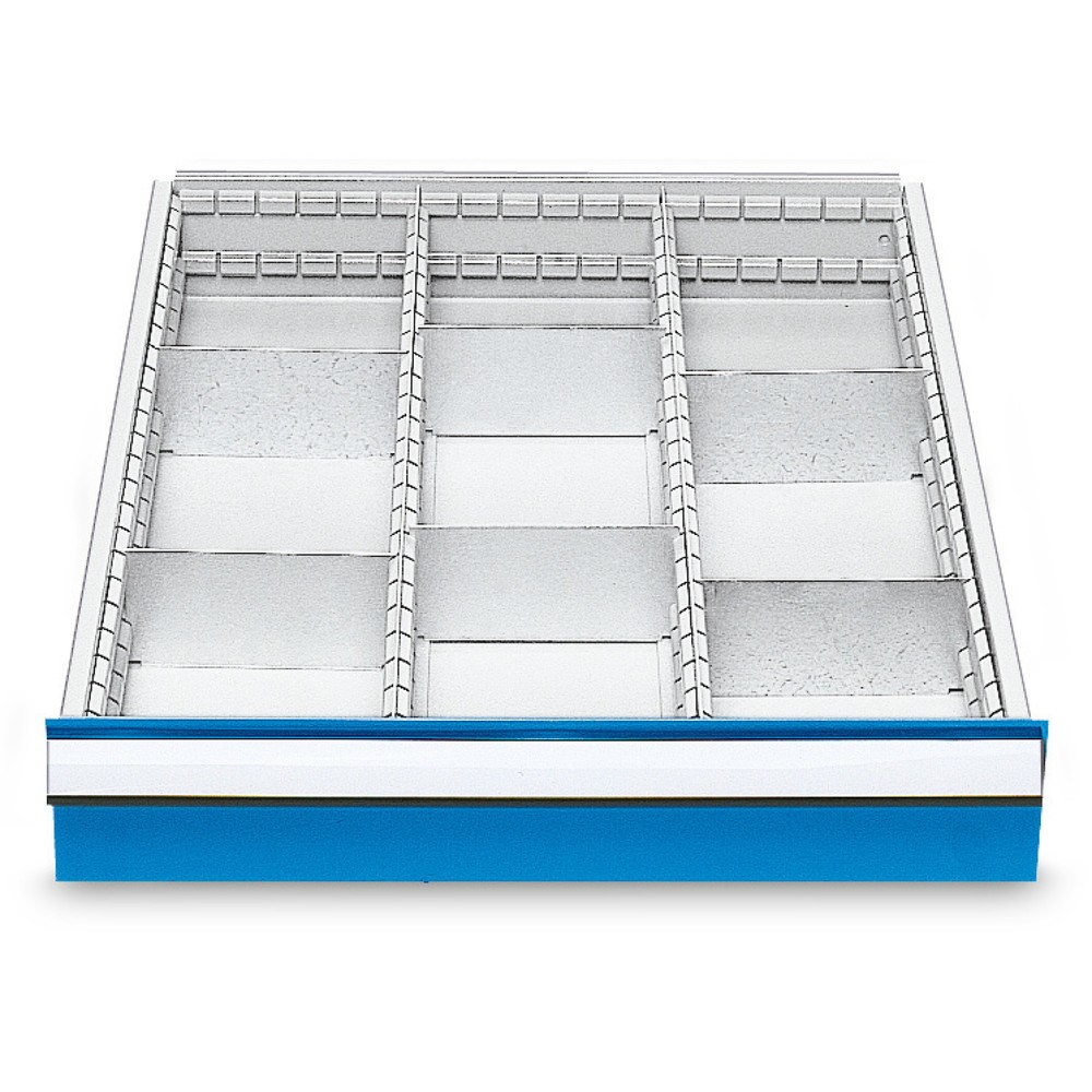 Imagen del producto: Bandeja con divisiones de metal para serie de bancos de trabajo Bedrunka+Hirth, para altura frontal 150 mm, 9 compartimentos