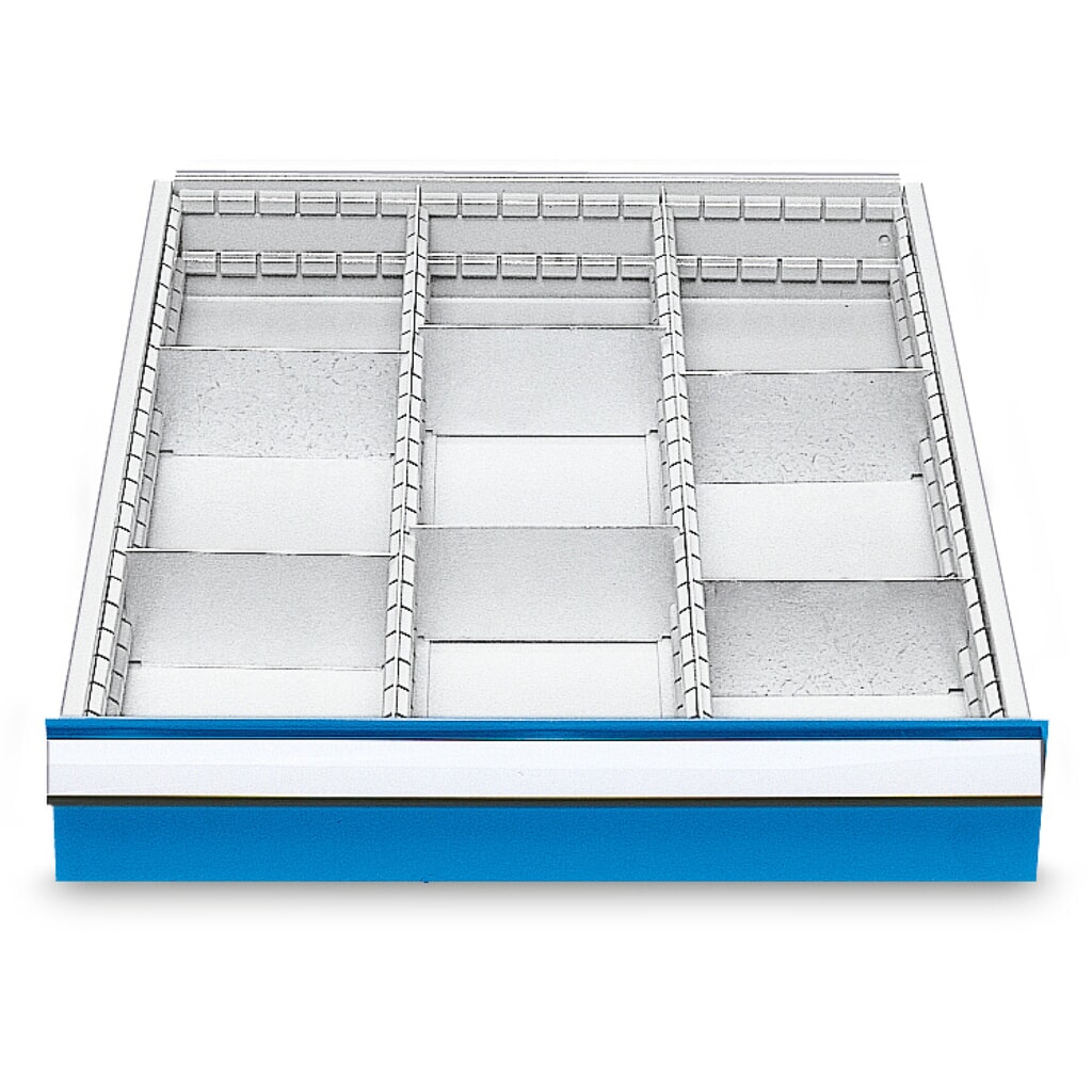 Imagen del producto: Bandeja con divisiones de metal para serie de bancos de trabajo Bedrunka+Hirth, para altura frontal 150 mm, 9 compartimentos