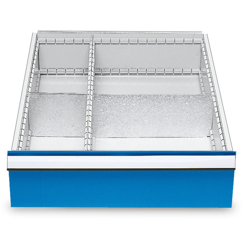 Imagen del producto: Bandeja con divisiones de metal para serie de bancos de trabajo Bedrunka+Hirth, para altura frontal 150 mm, 4 compartimentos