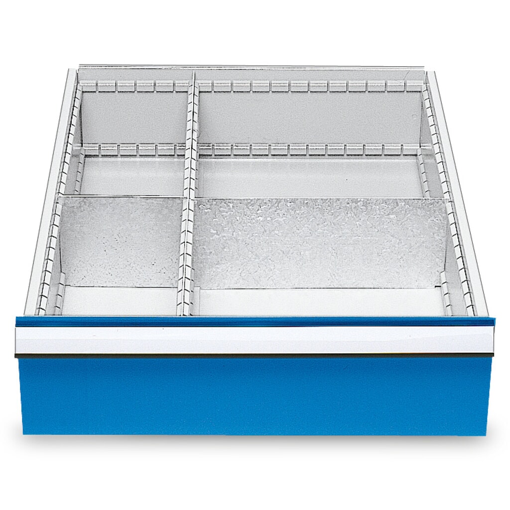 Número de imagen del producto 1: Bandeja con divisiones de metal para serie de bancos de trabajo Bedrunka+Hirth, para altura frontal 150 mm, 4 compartimentos