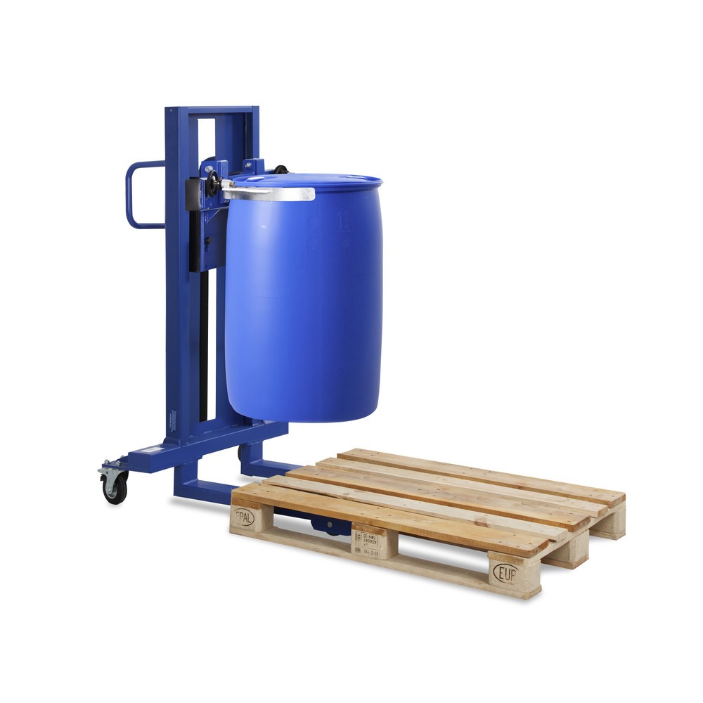 Imagen del producto: Elevador con grapa para barriles, para barriles de acero y de PE, chasis de arrastre estrecho, altura de elevación de 520 mm