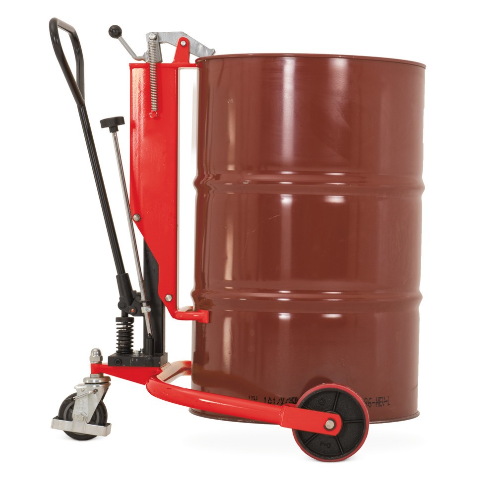 Imagen del producto: Elevador de bidones con barra timón, altura de elevación 345 mm, CC 250 kg, RAL 3020 rojo tráfico