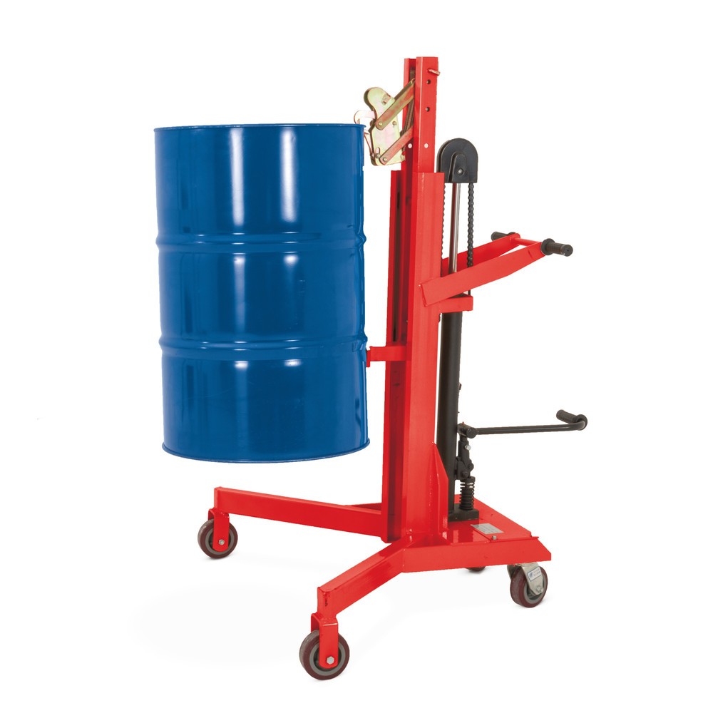 Imagen del producto: Elevador de bidones con pedal, toma esquinada, altura de elevación 500 mm, CC 450 kg, RAL 3020 rojo tráfico