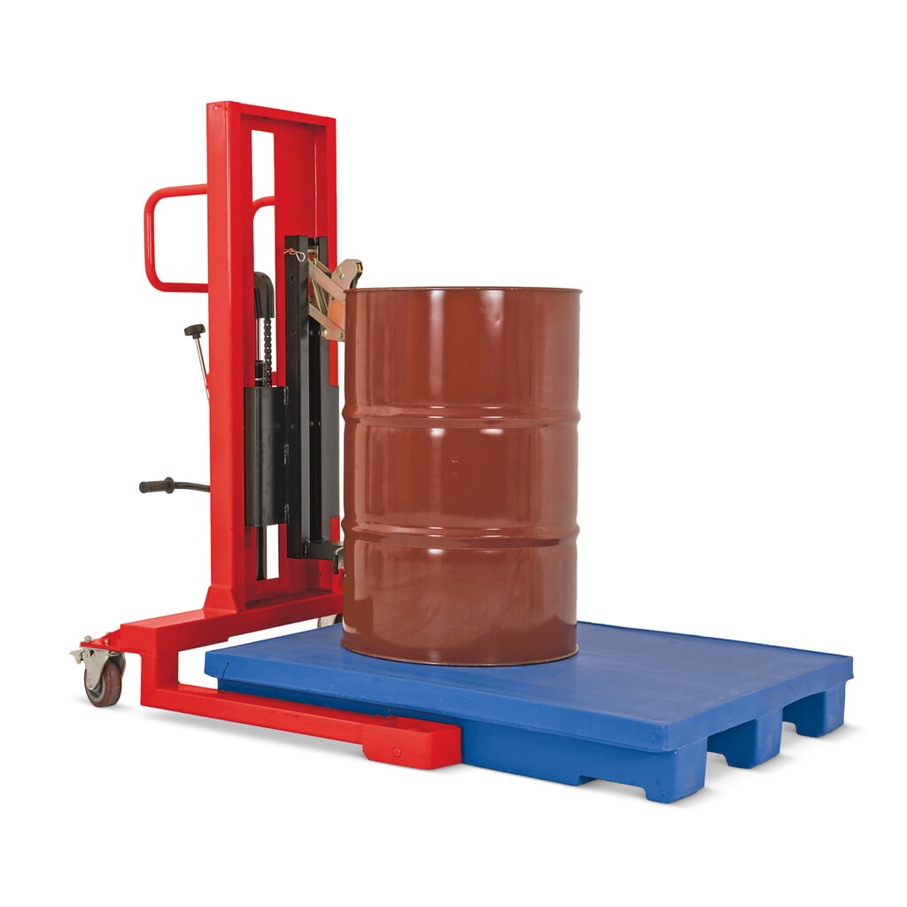 Elevador de bidones con pedal, toma frontal, altura de elevación 750 mm, CC 350 kg, RAL 3020 rojo tráfico Número de imagen del producto 1: Elevador de bidones con pedal, toma frontal, altura de elevación 750 mm, CC 350 kg, RAL 3020 rojo tráfico