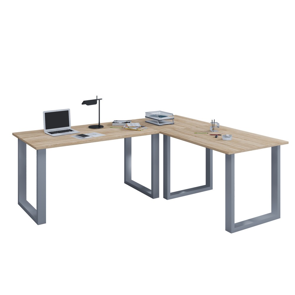 Imagen del producto: Escritorio de esquina Lona, cada tablero de mesa 1.100 An x F 800 mm, placa de esquina de 800 x 800 mm, pies en U, roble Sonoma y plata