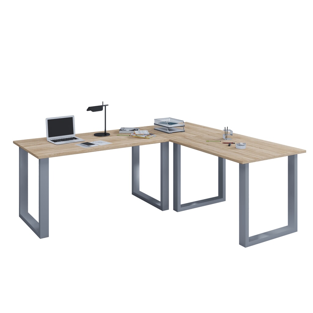 Imagen del producto: Escritorio de oficina en esquina VCM Lona, patas en U, tableros de mesa BxT 1.100 x 800 y 1.100 x 800 mm, roble Sonoma/plata