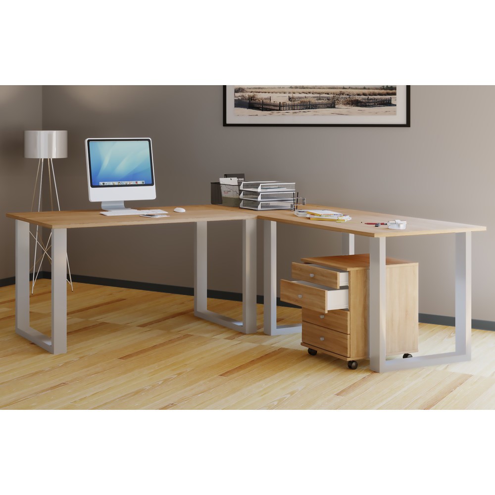 Número de imagen del producto 2: Escritorio de esquina Lona, cada tablero de mesa 1.100 An x F 800 mm, placa de esquina de 800 x 800 mm, pies en U, roble Sonoma y plata