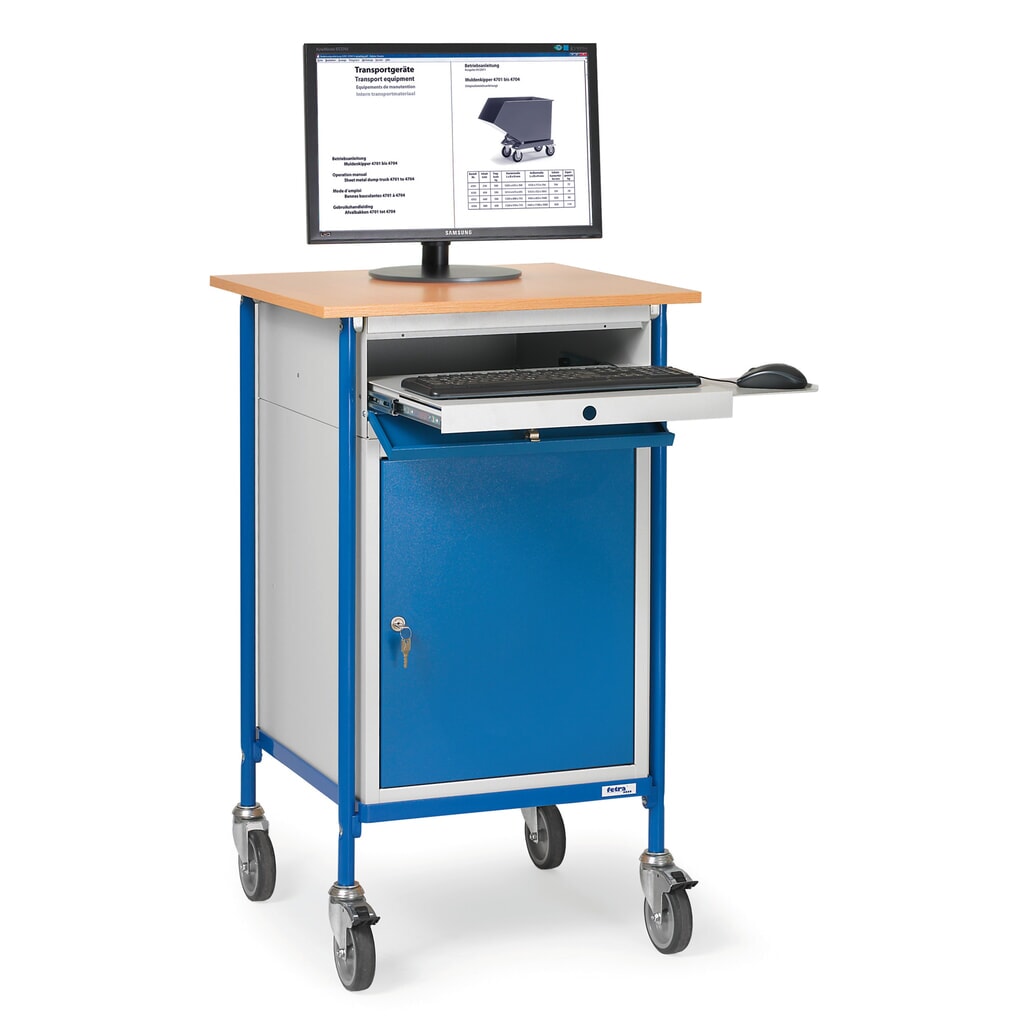 Imagen del producto: Escritorio móvil fetra® Premium con armario + cajón para teclado, 1 estante fijo + 2 ajustables