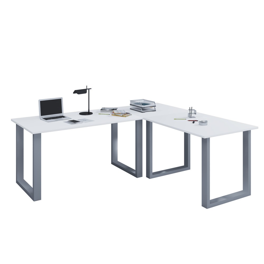 Imagen del producto: Lona Escritorio esquinero, Ancho An x F 1.400 x 800 y 1.100 x 800 mm, Esquina AnxProfundidad 800 x 800 mm, Pies en U, Blanco/Plata