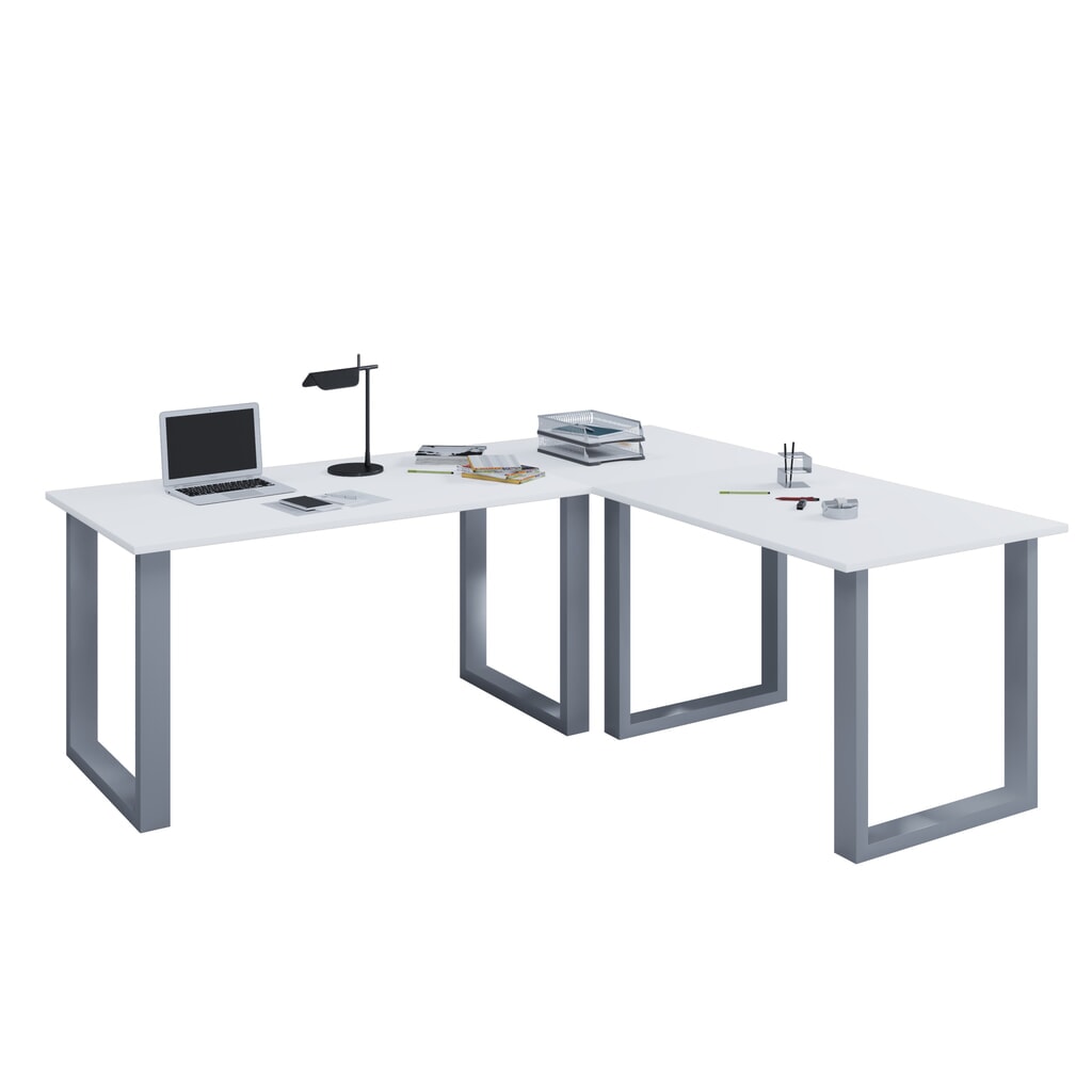 Escritorio de oficina en esquina VCM Lona, patas en U, tableros de mesa BxT 1.400 x 800 y 1.100 x 800 mm, blanco/plata Imagen del producto: Escritorio de oficina en esquina VCM Lona, patas en U, tableros de mesa BxT 1.400 x 800 y 1.100 x 800 mm, blanco/plata