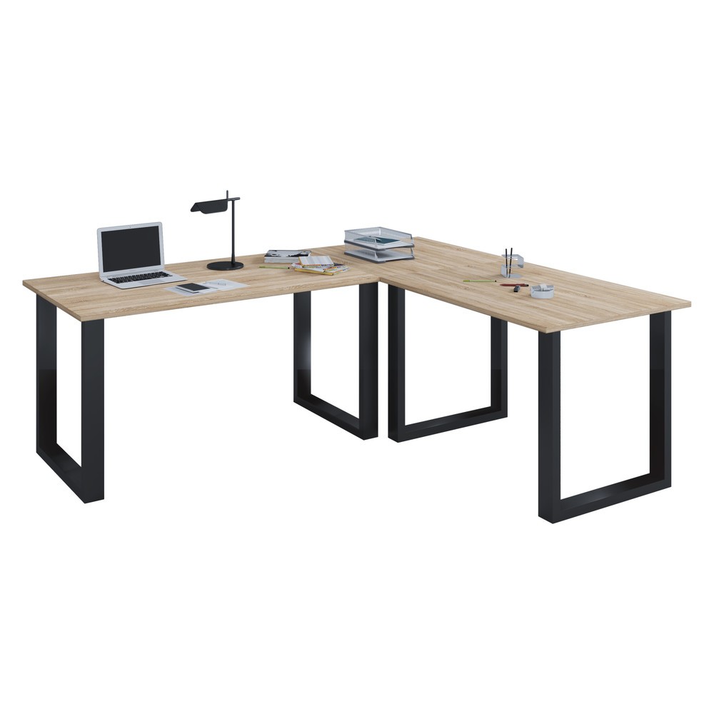 Imagen del producto: Escritorio esquinero Lona, encimeras de mesa AAn x F 1.400 x 800 y 800 x 800 mm, placa angular AxP 800 x 800 mm, U-feet, Sonoma roble/negro