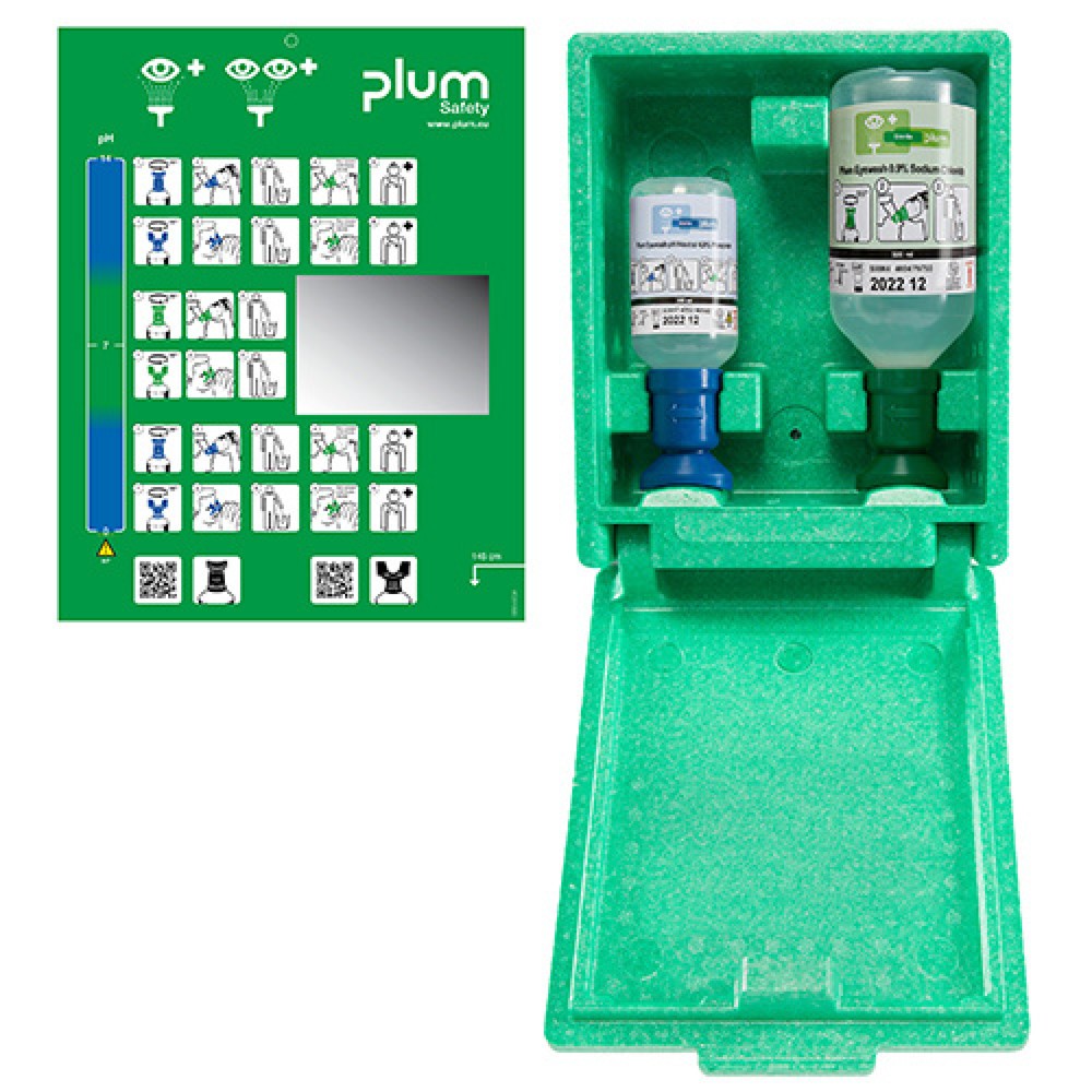 Imagen del producto: Estación de emergencia plum en cajas de pared a prueba de polvo con espejo, solución de cloruro sódico 500 ml, solución tampón de fosfato 200 ml