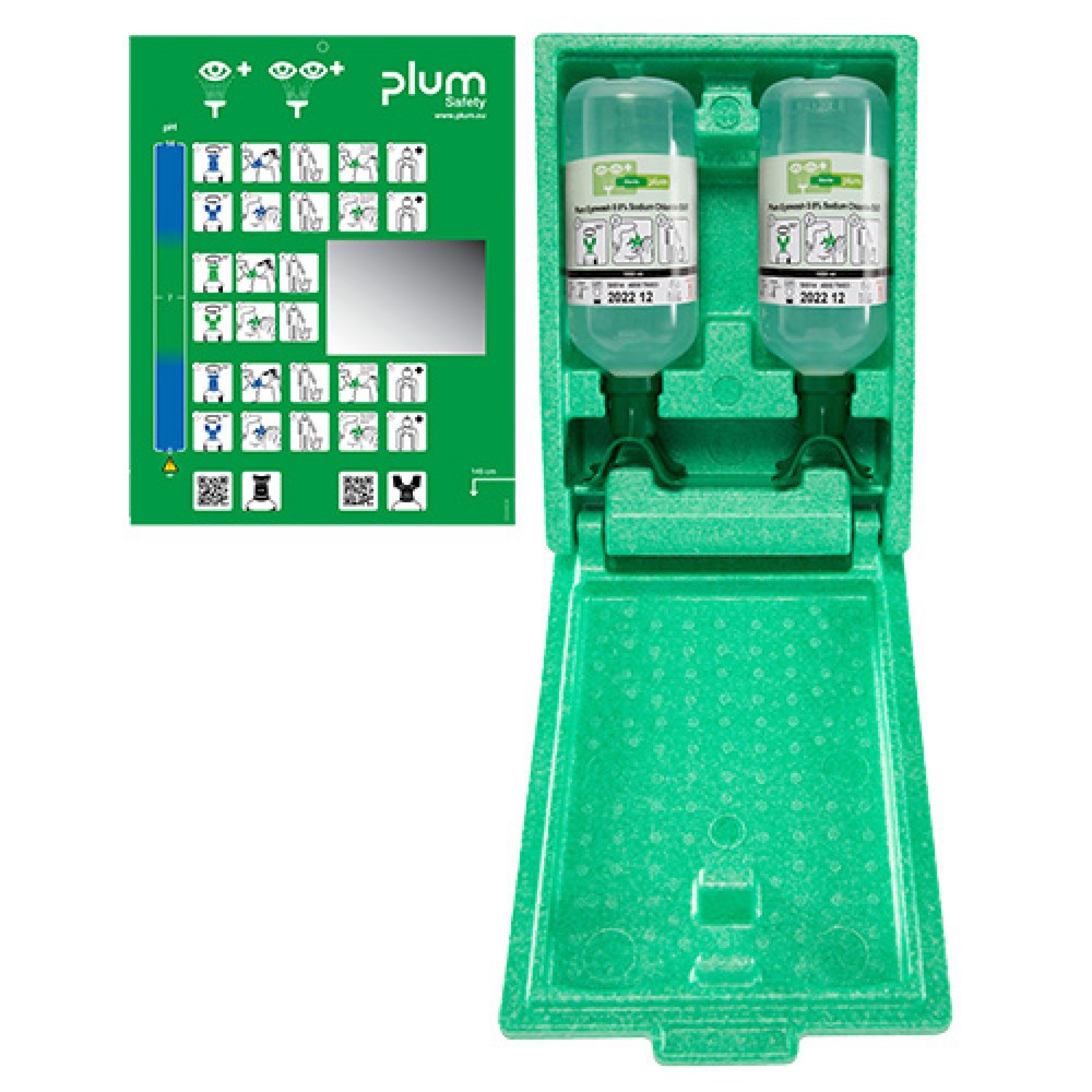Imagen del producto: Estación de lavado de ojos plum DUO en cajas de pared a prueba de polvo con espejo, solución de cloruro de sodio 2 x 1.000 ml