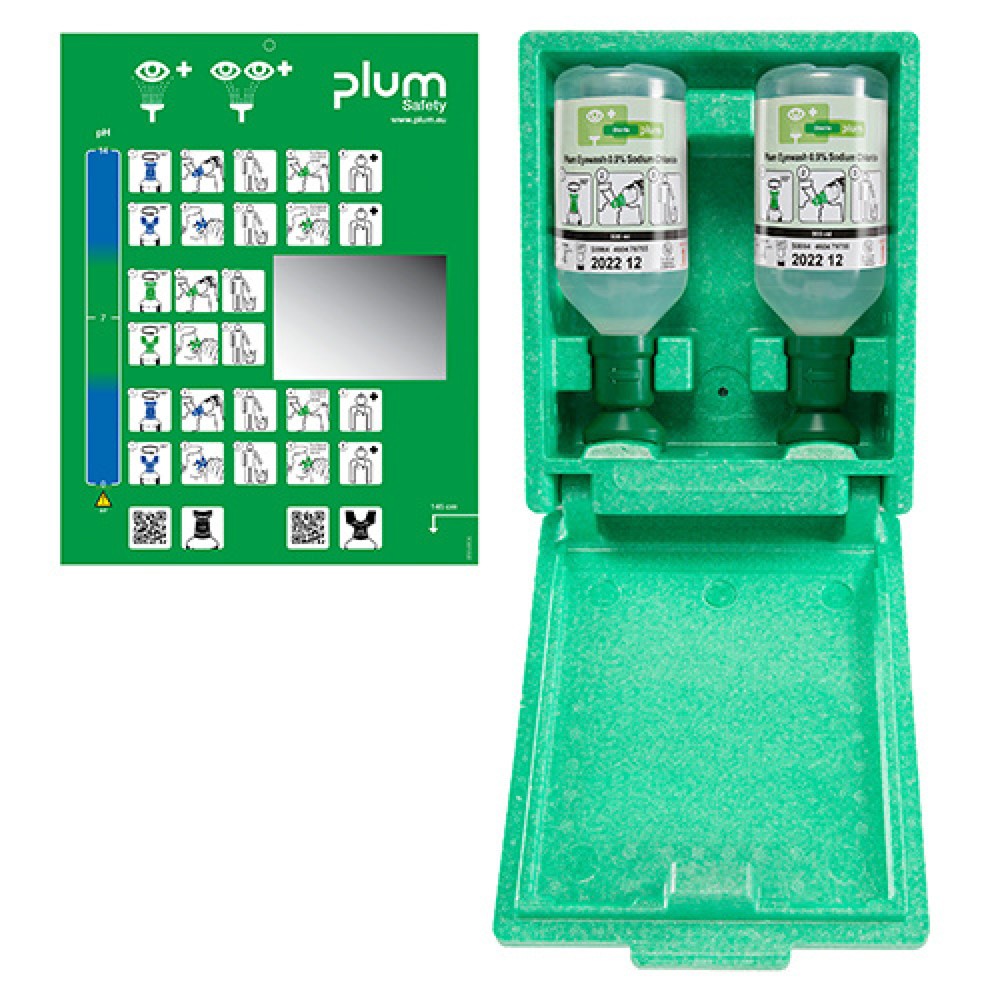 Imagen del producto: Estación de lavado de ojos plum en cajas de pared a prueba de polvo con espejo, solución de cloruro de sodio 2 x 500 ml