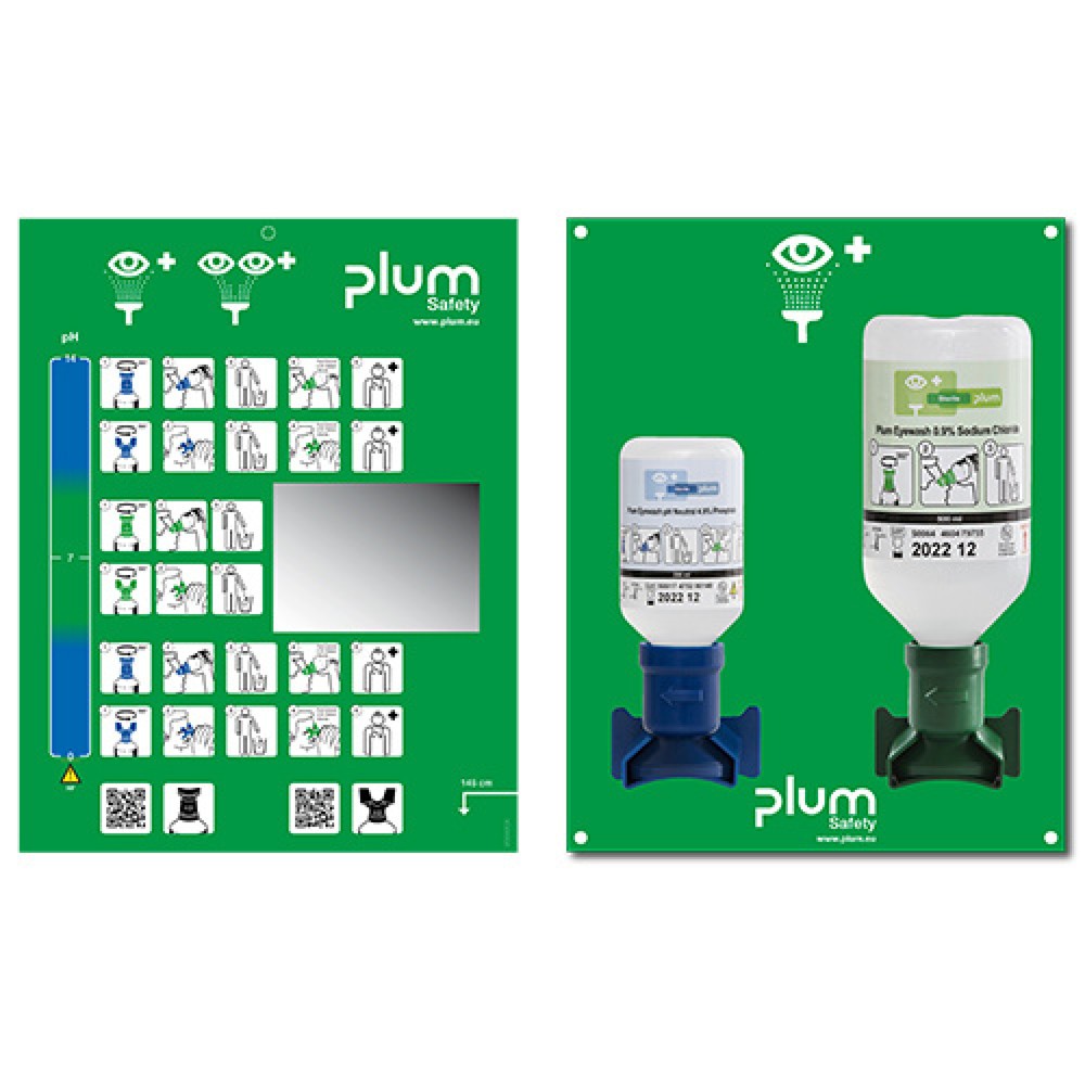 Imagen del producto: Estación de lavado de ojos plum estación de emergencia con espejo, solución de cloruro sódico 500 ml, solución tampón de fosfato 200 ml